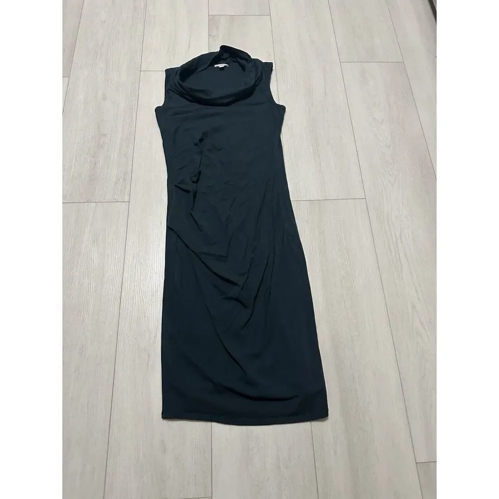 James Perse Dress Sz‎ 3 Bodycon Cowl Neck Ruched Casual Midi Teal Green